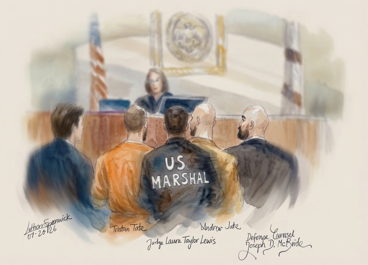 TRWexclusive's tweet photo. Courtroom sketch has been released by cnn reporters of the Tate brothers standing before a judge. https://t.co/am1q4ztmWW