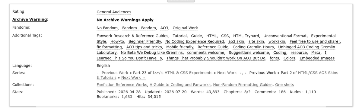 the_tamed_poet's tweet photo. Hey friends! I posted Chapter 8 of my beginner-friendly AO3 coding tutorial!

This one covers Links &amp; Navigation: how to style links, make button-style links, chapter bars, series cards, and make your fic easier to move through. Go check it out! <3

Link: https://t.co/O9vtT5d7PT https://t.co/OE8C1RtThe