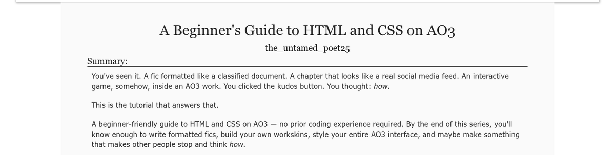 the_tamed_poet's tweet photo. Hey friends! I posted Chapter 8 of my beginner-friendly AO3 coding tutorial!

This one covers Links &amp; Navigation: how to style links, make button-style links, chapter bars, series cards, and make your fic easier to move through. Go check it out! <3

Link: https://t.co/O9vtT5d7PT https://t.co/OE8C1RtThe
