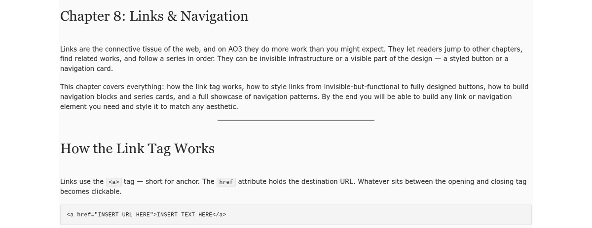 the_tamed_poet's tweet photo. Hey friends! I posted Chapter 8 of my beginner-friendly AO3 coding tutorial!

This one covers Links &amp; Navigation: how to style links, make button-style links, chapter bars, series cards, and make your fic easier to move through. Go check it out! <3

Link: https://t.co/O9vtT5d7PT https://t.co/OE8C1RtThe