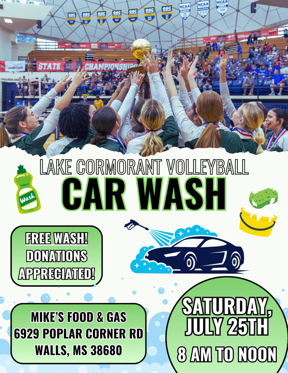 LCHSladygatorvb's tweet photo. Make sure to come get your car washed THIS Saturday, July 25th anytime from 8 am to noon at Mike’s gas station in Walls! 

Your lady gator volleyball team is ready to give your car a cleaning for FREE! Donations are greatly appreciated! 💚🐊 https://t.co/fwg92TU5jB