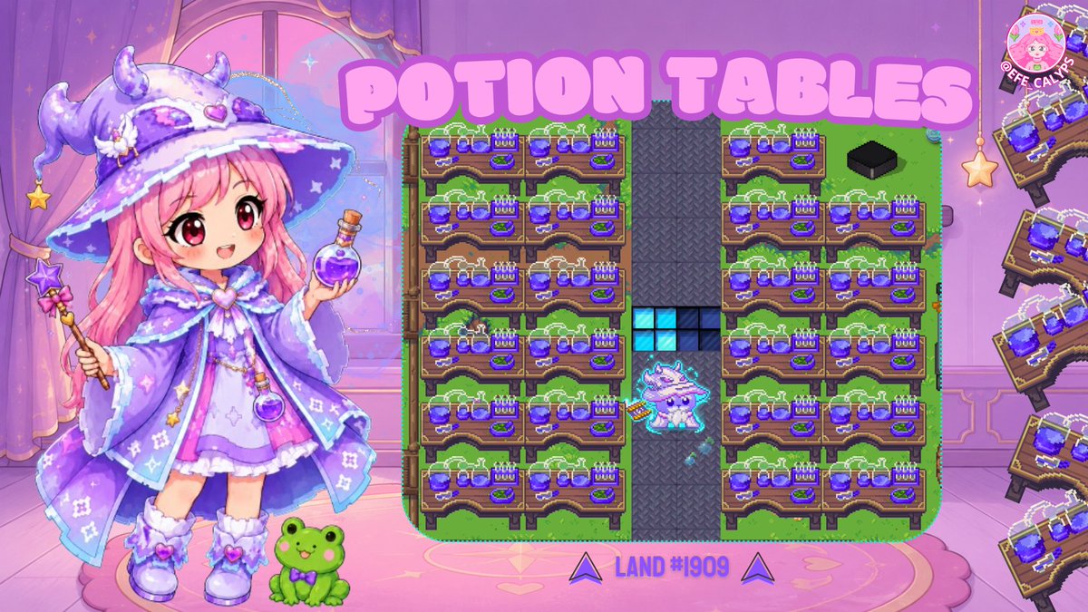 Efe_Calyps's tweet photo. They started with only 8 Potion Tables, and now they have 23! By the time you read this, there may already be even more tables, which would be amazing. And even if there are still 23, that is already an incredible amount! 🧪💜

This is one of my favorite lands, so do not forget to bookmark it:📍 Land #1909 🫰🩷

🗓️ July 20:  the main ingredient we are using for potions is Astracactus. I combine it with Bluzberry Cotton Candy, and this combination can produce T1, T2, or T3 potions!

You can also experiment with other secondary ingredients. This is simply the combination I personally use. Which one do you use? 👀✨

The main ingredient changes every week and can be:

• Voidtonio
• Salt
• Magnetite
• Astracactus
• Magnoot
• Water Mints

Happy potion-making! 🧪✨

•❀»»-----------------¤-----------------«
@pixels_online #pixels_online #PixelsCreator

PD: Thank you to everyone who placed their Potion Tables on this land to share them with everyone! 💜