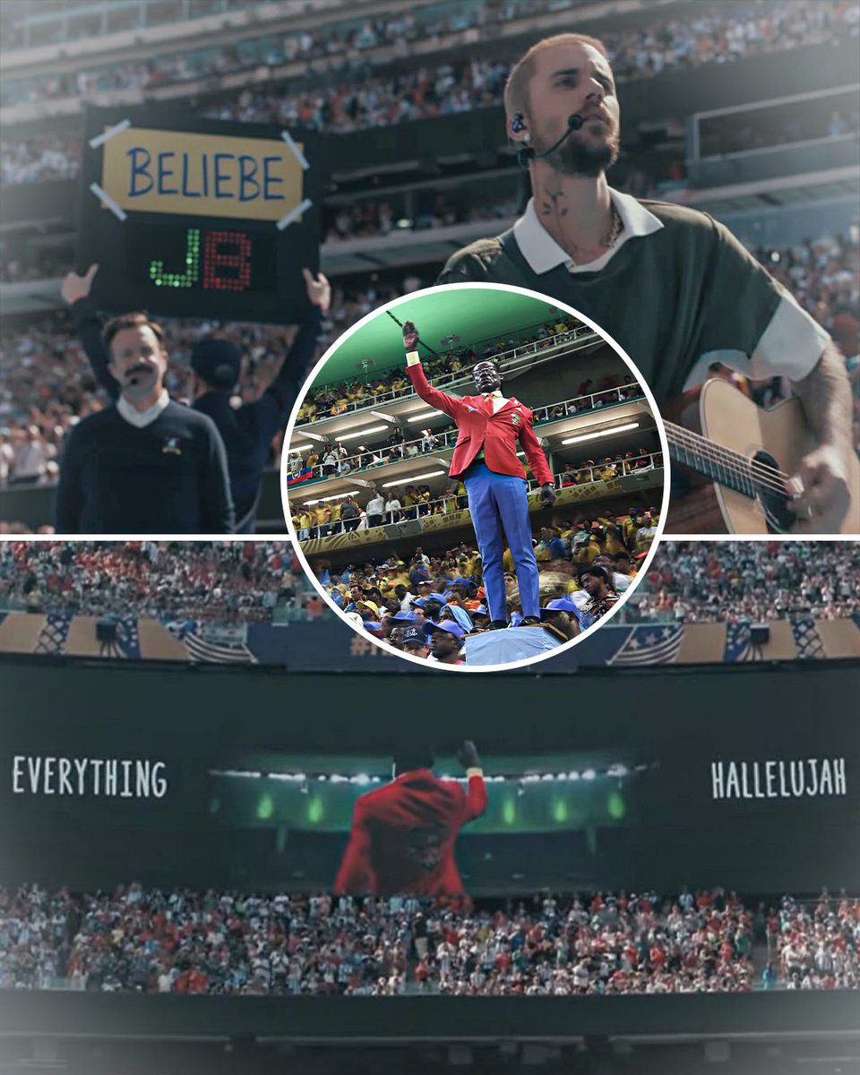 ESPNFC's tweet photo. Who else caught the tribute to DR Congo fan Michel Nkuka during Justin Bieber's halftime performance at the World Cup final? 😲

Nkuka became a social media sensation for posing as a statue of DR Congo's independence leader Patrice Lumumba, with his right hand raised and standing still throughout games 🇨🇩