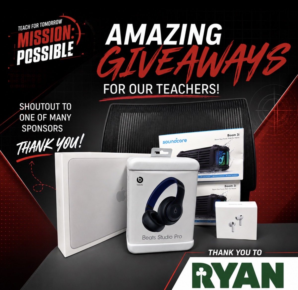 shebriej's tweet photo. 🎉 Shoutout to one of our many amazing sponsors, Ryan Companies, for sending over some incredible giveaways for our teachers! 🎁🔥 We can’t wait to surprise some lucky educators at Teach for Tomorrow❤️🖤

Thank you for supporting and celebrating our teachers! https://t.co/JP3Y131V64