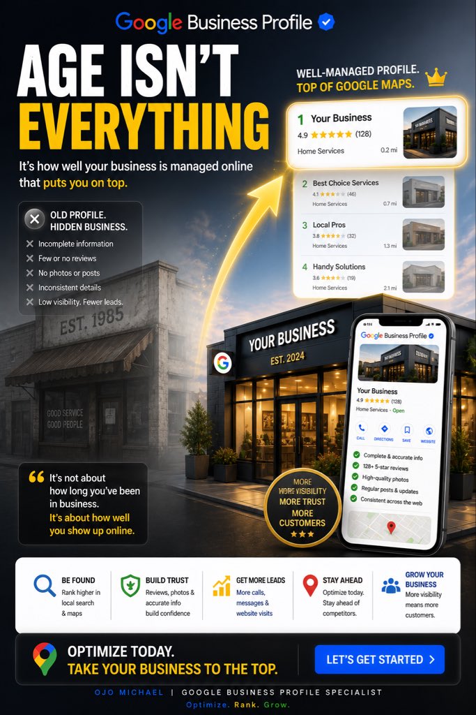 OjoMich78317508's tweet photo. 🤫 Google never promised the oldest business would rank first. It rewards businesses that stay accurate, active, and trustworthy. Is yours? — Ojo Michael | Google Business Profile Specialist & Local SEO #GoogleBusinessProfile #GoogleMaps #LocalSEO #SEO #GBPExpert https://t.co/75oeerLJtH
