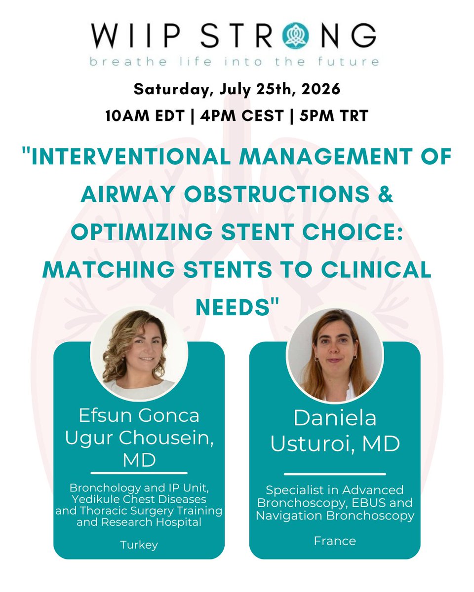 WiIP_WomeninIP's tweet photo. 🚨 5 DAYS 🚨
Join WiIP for our upcoming webinar, “Interventional Management of Airway Obstructions & Optimizing Stent Choice: Matching Stents to Clinical Needs” featuring Efsun Gonca Ugur Chousein, MD and Daniela Usturoi, MD.
💻 Register now: https://t.co/B2R2cTCOGj
#WiIPstrong https://t.co/PLfjzPjmkX