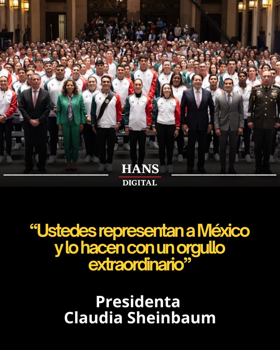 HansDigital2's tweet photo. 🛑𝗣𝗿𝗲𝘀𝗶𝗱𝗲𝗻𝘁𝗮 𝗦𝗵𝗲𝗶𝗻𝗯𝗮𝘂𝗺 𝗮𝗯𝗮𝗻𝗱𝗲𝗿𝗮 𝗱𝗲𝗹𝗲𝗴𝗮𝗰𝗶ó𝗻 𝗺𝗲𝘅𝗶𝗰𝗮𝗻𝗮 𝗽𝗮𝗿𝗮 𝗹𝗼𝘀 𝗝𝘂𝗲𝗴𝗼𝘀 𝗖𝗲𝗻𝘁𝗿𝗼𝗮𝗺𝗲𝗿𝗶𝗰𝗮𝗻𝗼𝘀 𝘆 𝗱𝗲𝗹 𝗖𝗮𝗿𝗶𝗯𝗲 𝟮𝟬𝟮𝟲

La presidenta @Claudiashein abanderó a la delegación mexicana para la edición XXV #JuegosCentroamericanos y del #Caribe, que se celebrará del 24 de julio al 8 de agosto en #SantoDomingo, #RepúblicaDominicana, entregando el lábaro patrio a los atletas Gabriela Guadalupe Rodríguez Garza y Juan Manuel Celaya Hernández, al tiempo que instó a la delegación a competir con determinación.

Al darles la bienvenida a la casa del pueblo de #México y centro político y cultural de México desde hace 700 años, la mandataria exhortó a los deportistas a confiar en su preparación: "cuando estén a punto de iniciar su carrera, siéntanse grandes como lo es el pueblo de México y como lo es nuestra patria, ustedes representan a México y lo hacen con un #orgullo extraordinario, siempre piensen en su país".

Subrayó el valor de la identidad nacional ante la competencia internacional: "muchas felicidades, siéntanse orgullosos del momento que viven y lleguen sin complejos, sin ninguno, crean en ustedes mismos. Las mexicanas y los mexicanos, digo yo, que tenemos al menos cuatro amores: el #amor a nuestra familia, el amor al prójimo porque somos solidarios, fraternos, el amor a la naturaleza que nos caracteriza y un amor muy profundo que es el amor a la patria".

El titular de la @conadeoficial, Rommel Pacheco Marrufo, informó que la institución invierte 60 millones de pesos para garantizar la participación de las y los #atletas mexicanos en esta justa deportiva encaminada a los Juegos Olímpicos Los Ángeles 2028. Esta fiesta deportiva es el centenario de los Juegos Centroamericanos y del Caribe, que iniciaron en 1926 con sede en México, siendo la competencia regional más antigua del mundo.