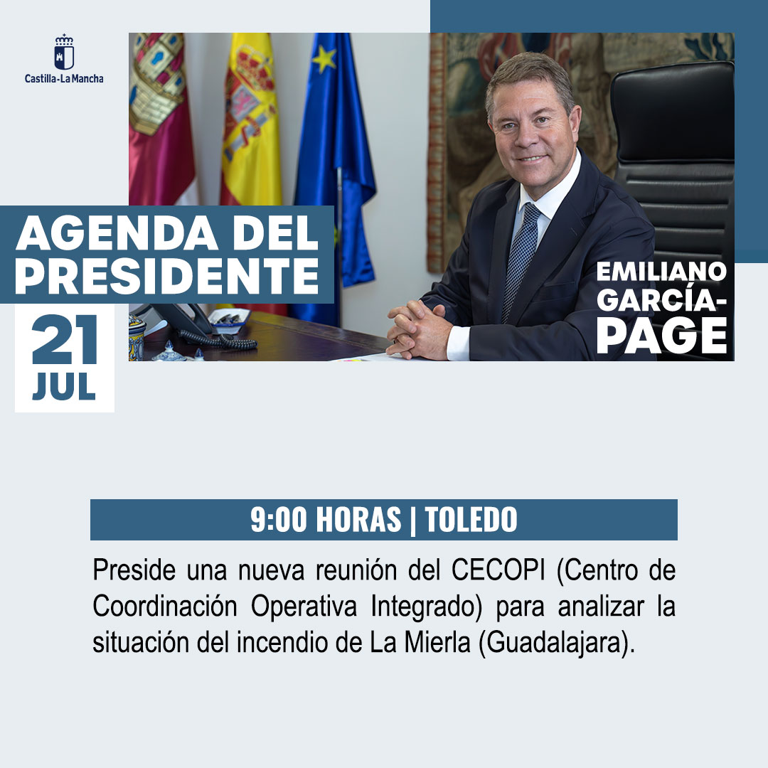 gobjccm's tweet photo. 📅 Esta es la agenda informativa del presidente de #CLM, @garciapage, prevista para hoy martes, 21 de julio. https://t.co/TvF1kvmx5P