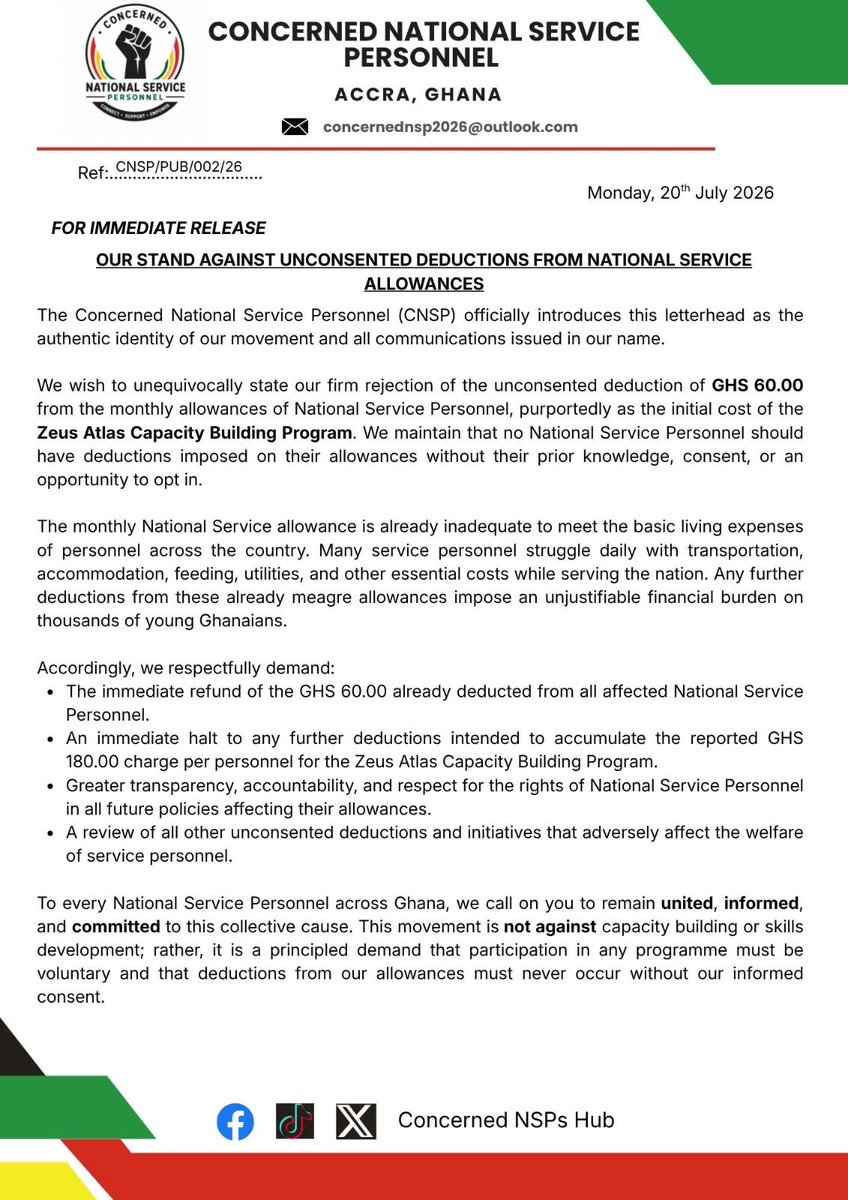 concernedNsphub's tweet photo. A press statement from the leadership of the Concerned National Service Personnel  
•#fairtreatmenttoNSPs 
@utvghana @tv3_ghana @channel247 @ksheldonstudios https://t.co/V48ZYtPkPT