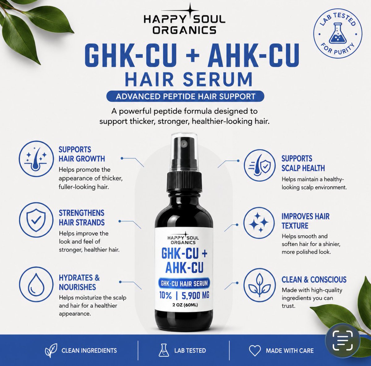 HappySoulStore's tweet photo. Our hair serum does so much for the scalp and your hair! Try it today or gift it to friends and family 💙 #hairserum #ghkcu #ahkcu #copperpeptides #haircare #hairgrowth https://t.co/aIKNKRErem