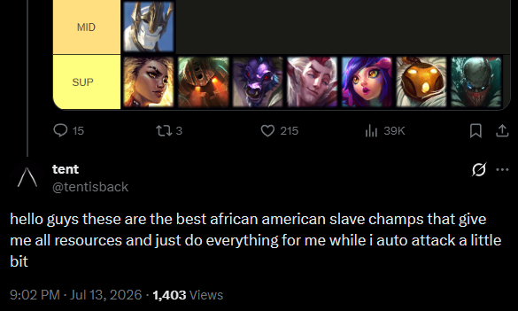 WhatleyLeague's tweet photo. @tentisback My bad for using my platform to critique the state of SoloQ right now (Which 90% of people currently think is shit)

I should be using it to post about "African American Slave champs" like you do.

You also follow me retard. https://t.co/KPc3yCzFjL