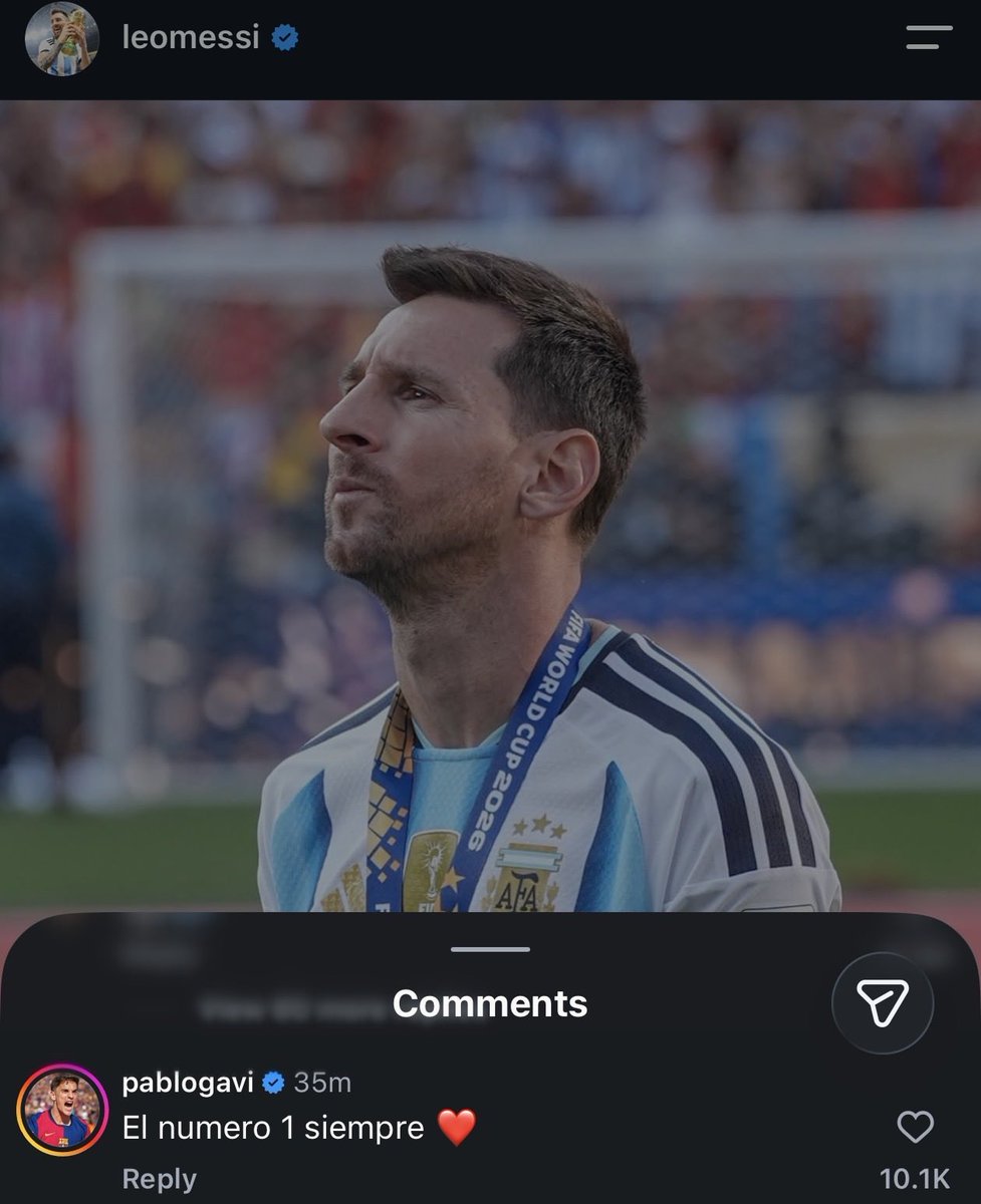 BarcaUniversal's tweet photo. ❗️ Gavi comments on Leo Messi’s latest IG post: "You are the number 1, forever. ❤️" https://t.co/9ZABaEKaP9