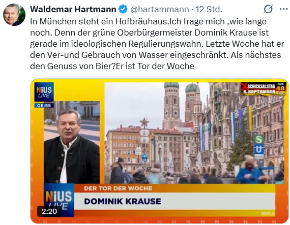 AP31878937's tweet photo. Was für ein Abstieg: einst Sportmoderator im BR, heute NIUS-Stammtisch mit eingebauter Grünenallergie. Völlers „drei Weizenbier“ wirken rückblickend fast wie eine nüchterne Medienanalyse. Waldemar serviert jetzt das Weizen der Deppen: viel Schaum, null Gehalt. https://t.co/MCQBN615OE