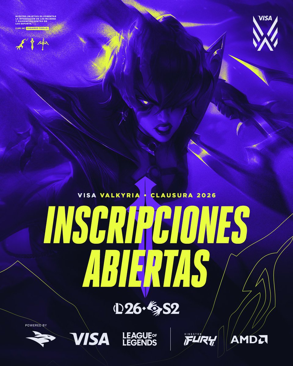 LigaValkyria's tweet photo. 📅 INSCRIPCIONES ABIERTAS | TORNEO CLAUSURA 🏆

Una nueva batalla se aproxima, y solo quienes estén listas para enfrentar el desafío escribirán su nombre en la historia del Torneo Clausura de la Liga Visa Valkyria.

Reuní a tu escuadra, afilá tu estrategia y preparate para luchar por la corona. El camino hacia la gloria comienza hoy.

⚔️ Inscripciones abiertas desde hoy hasta el 20/08.

#VisaValkyria #VisaGaming @teamisurus @VisaMX  @AMDGaming @KingstonLatam @HyperXLatam