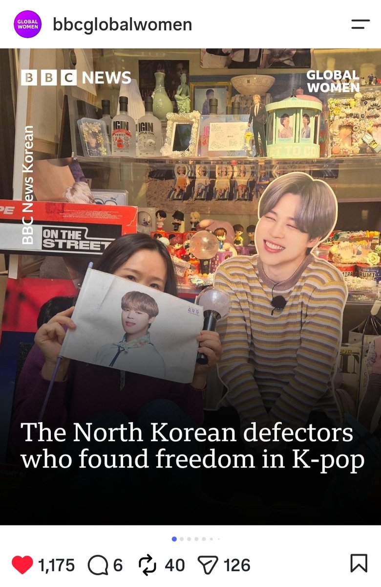 JIMIN_RECORD13's tweet photo. BBC News와 BBC Global Women은 북한이탈주민들의 이야기를 통해 K-팝이 전한 희망과 치유를 조명했습니다.

연수 씨는 음악이 과거의 자신에게서 도망치는 것을 멈추고, 스스로를 있는 그대로 받아들일 용기를 주었다고 말했습니다.

특히 연수 씨는 지민을 가장 좋아하는 멤버라고 밝히며, 지민이 부른 'Answer: Love Myself'의 한 파트가 자신을 이해하게 되었고, 그 결과 다른 사람도 더 따뜻하게 품을 수 있게 해주었다고 전했습니다. 또한 이 노래는 자신의 삶을 바꾼 노래였다고 말했습니다.

"왜 자꾸만 감추려고 해 니 가면 속으로 / 내 실수로 생긴 흉터까지 다 내 별자린데."

지민은 음악으로 그리고 특유의 따뜻함으로 한 사람의 삶을 치유하고, 자유와 자기 자신을 사랑할 용기를 전했습니다.

OUR IDOL JIMIN
JIMIN HEALS HEARTS
LOVE YOURSELF WITH JIMIN
#JIMIN #지민 @BTS_twt