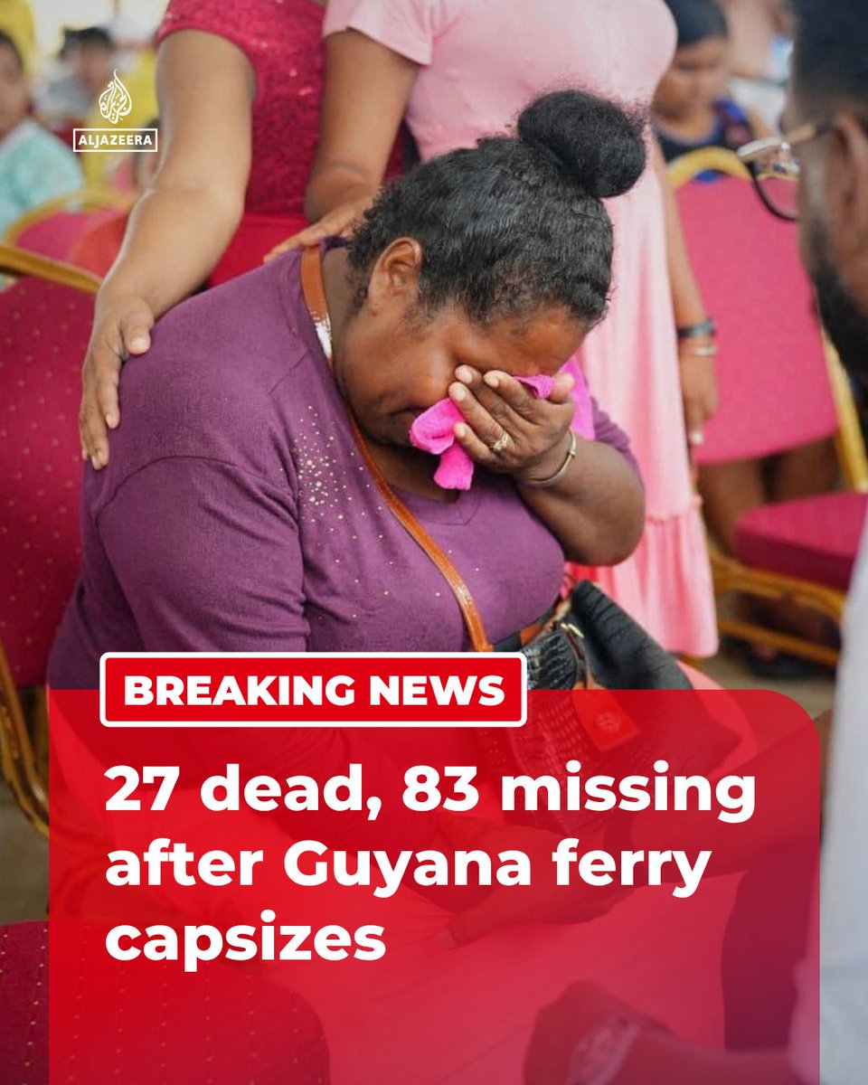 AJENews's tweet photo. BREAKING: At least 27 people are dead and 83 remain missing after the MV Barima ferry capsized off Guyana. 

PM Mark Phillips says 69 people have been rescued as the search for survivors continues.

🔴 More on https://t.co/5H0QqpggO4 https://t.co/b97UUeXhVO