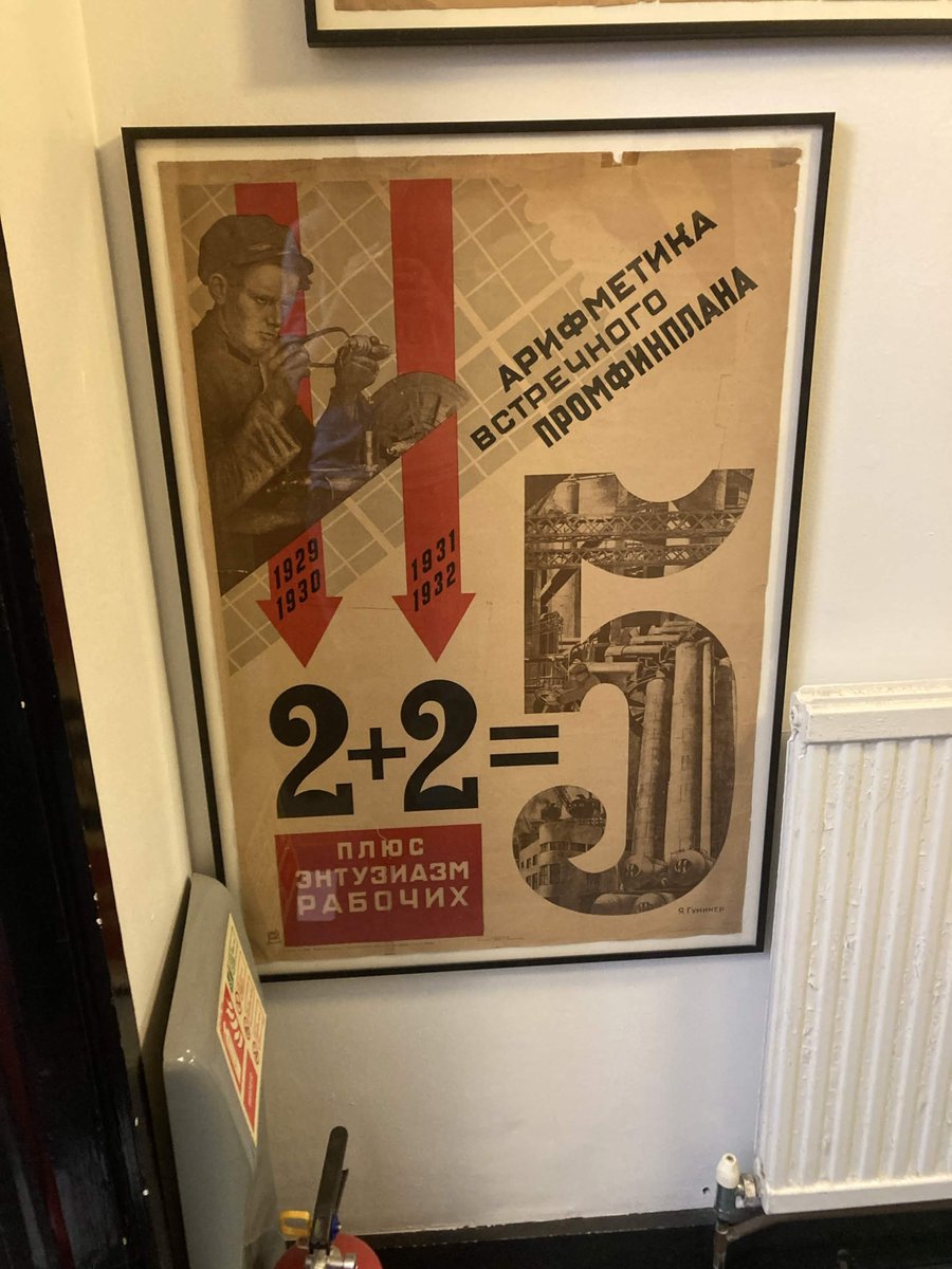 cherubdoolittle's tweet photo. the soviet poster that orwell probably saw, about the upcoming financial plan: 2 (years) + 2 (years)  (+ the enthusiasm of the workers) = 5 (years worth of progress) https://t.co/W0nxSW1JGv