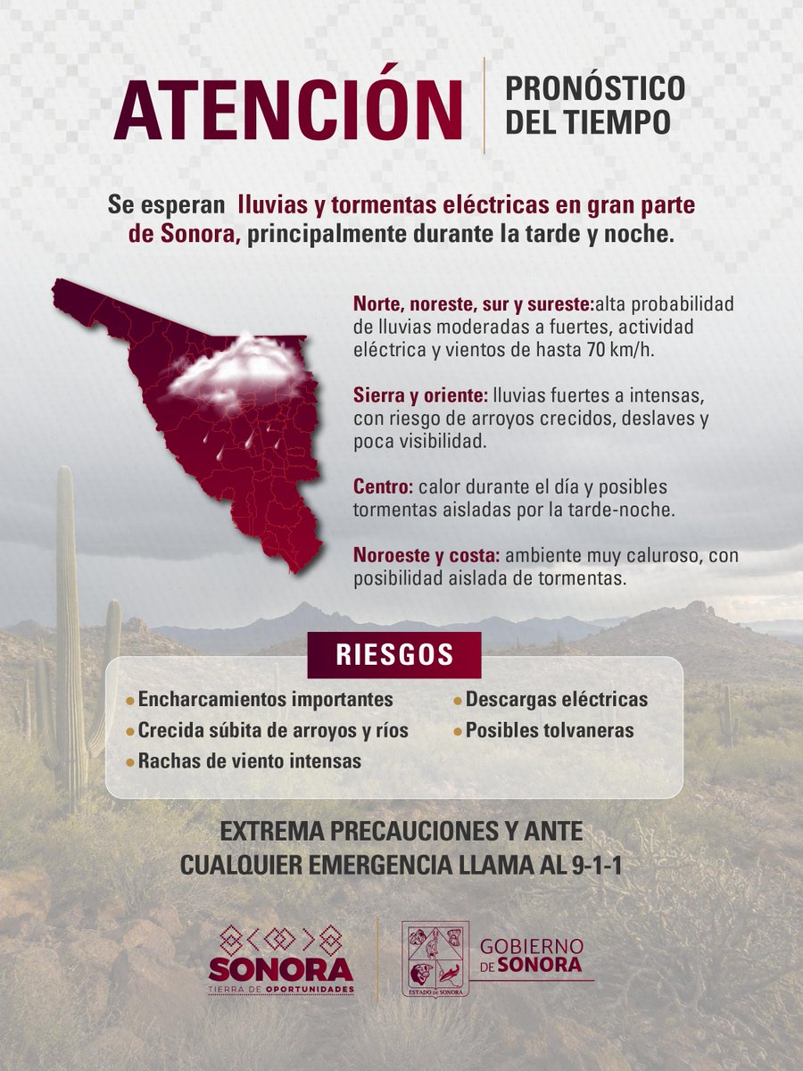 AlfonsoDurazo's tweet photo. Este lunes se prevén lluvias y tormentas eléctricas en Sonora. Mantente atento a la información oficial y comunicate al 9-1-1  ante cualquier emergencia. https://t.co/rlvHEEr9Th