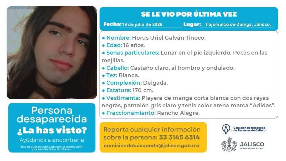 Trafico_ZMG's tweet photo. #ServicioSocial ❗️ Horus Uruel Galván Tinoco fue vusto por última vez en el fraccionamiento Rancho Alegre el 19 de julio.
Cualquier información sobre su paradero, alerta a las autoridades https://t.co/yOIyTaOn98