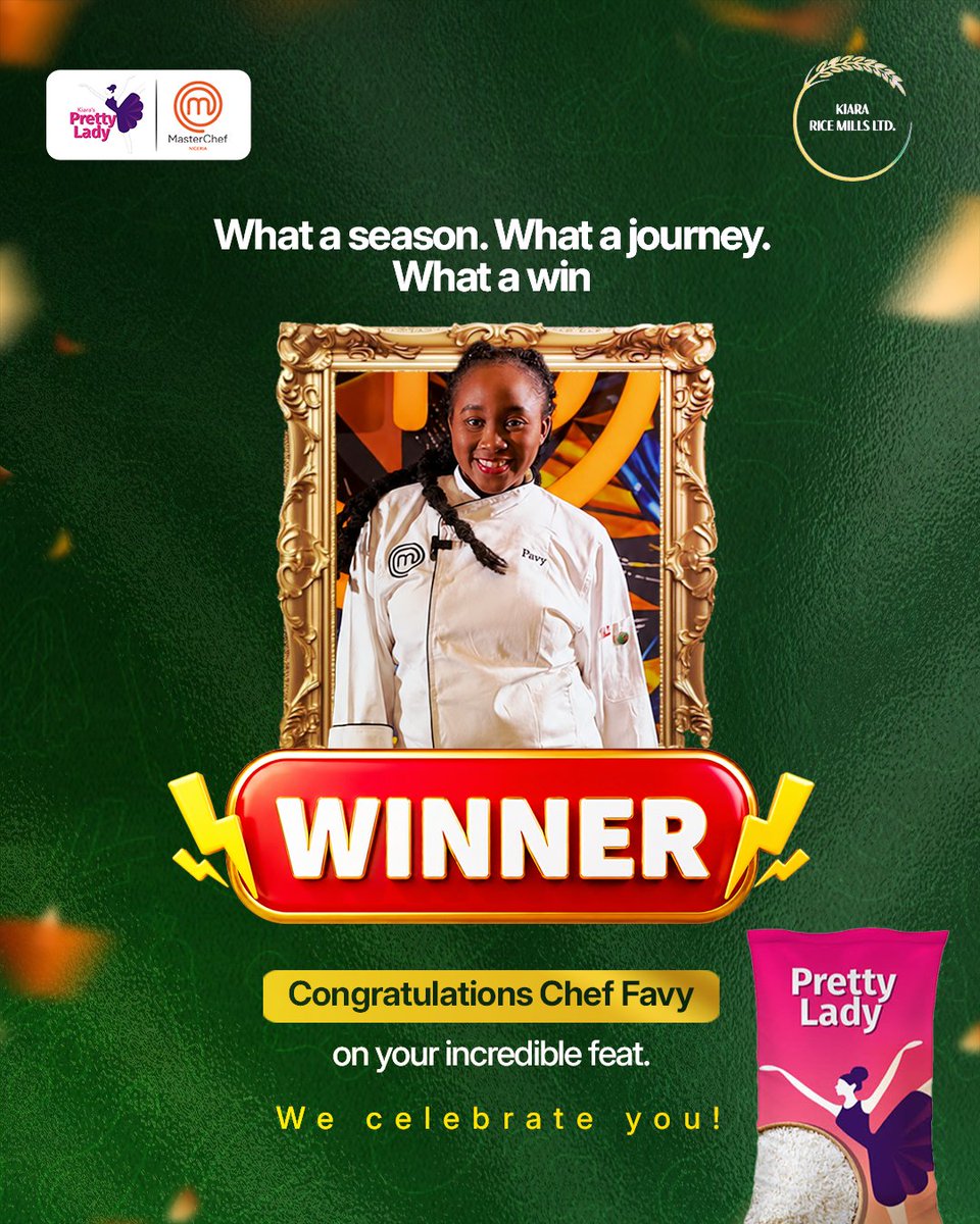 KiaraRiceMills's tweet photo. What a journey it's been! πβ¨
A Certified Pretty Lady! @BessanFavour Congratulations on an incredible achievement! π
Here's to even greater things ahead. π₯
#MasterChefNigeria
#KiaraRiceMills
#Winner
#PrettyLadyRice
#TasteOfJoy https://t.co/fYCSLlmKyX