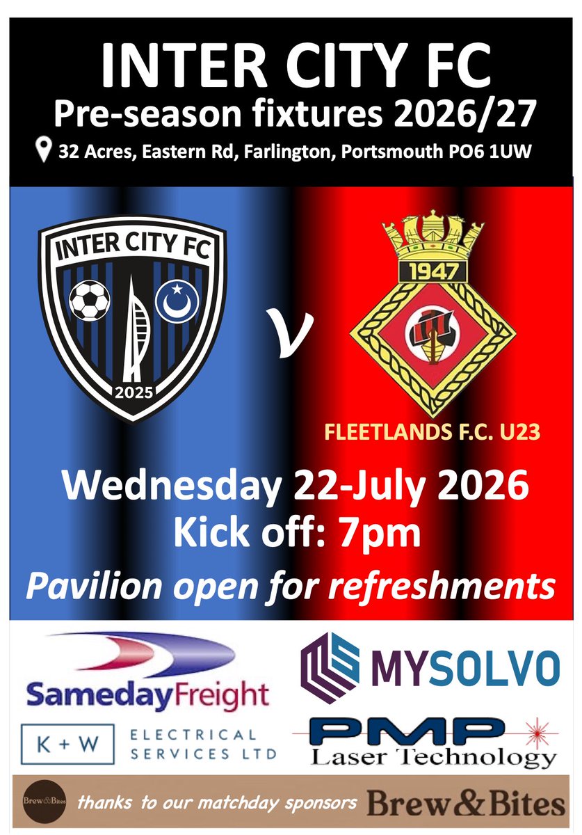 Inter_City_FC's tweet photo. Next up at 32 Acres…
Fleetlands U23
🗓️ Wednesday 22-July
⚽️ Kick off at 7pm
📍32 Acres, Eastern Road, Farlington, PO6 1UW https://t.co/uNHRCc1zU8