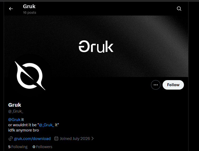 Yeepington_'s tweet photo. hmmm
i sure wonder who this @_Gruk_ guy is
Totally not a @grok parody account ran by me, i would never! https://t.co/mHANBSK72i