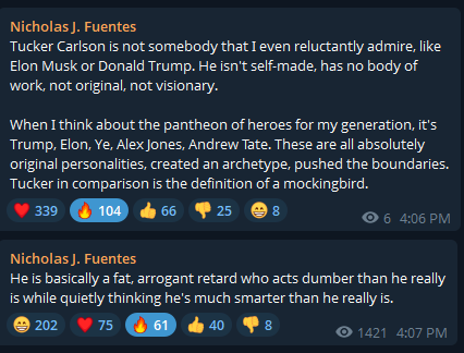 whitesocksclips's tweet photo. Nick Fuentes cooks Tucker Carlson on Telegram

"He is basically a fat, arrogant retard who acts dumber than he really is while quietly thinking he's much smarter than he really is." https://t.co/zaSVNI2Y0B