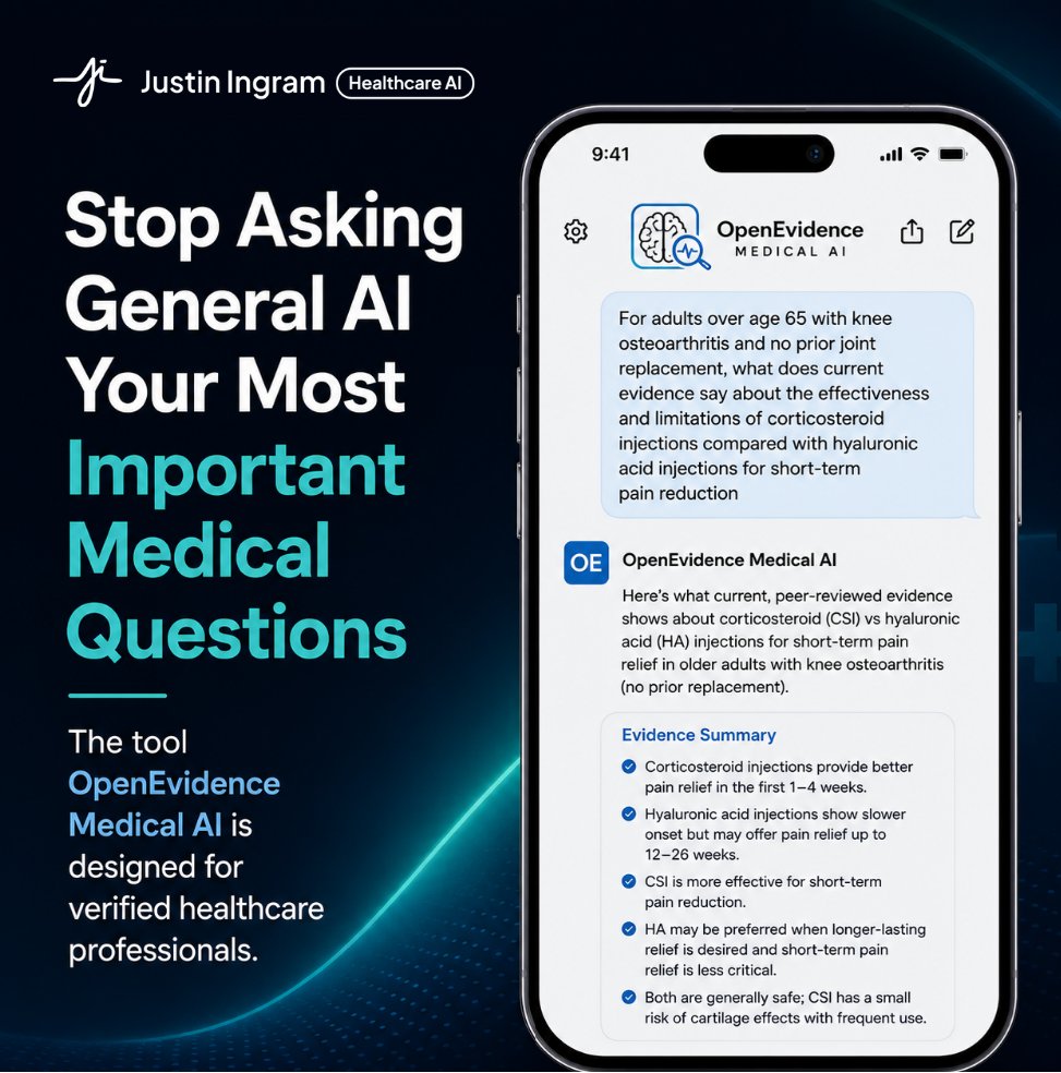 JustinHealthAI's tweet photo. Not every AI tool should answer every clinical question.

For clinical evidence, you need real citations and visible uncertainty, not just a confident paragraph. That's where a tool like OpenEvidence helps, as a research starting point, not a replacement for judgment.

How to use it well:

Ask narrow questions. Define population, intervention, comparison, outcome. Not "best treatment for chronic pain" but "adults 65+ with knee OA, corticosteroid vs hyaluronic acid injections for short-term pain."
Ask for disagreement: "Show me where guidelines and studies agree, disagree, and remain uncertain."
Ask it to separate: established findings, uncertainty, patient variables, evidence limitations, sources needing full review.
Open the citations. Don't trust the summary. Check the study population and publication date.
Compare against another trusted source. You're checking if evidence is stable or disputed, not taking a vote.

The hack: "Act as a skeptical specialist reviewing your previous response. What's the strongest reason this may not apply here, and what evidence would change it?"

At Justin Healthcare AI, I help orgs build governance around where clinical AI should and shouldn't be used.

#HealthcareAI #OpenEvidence #ClinicalAI