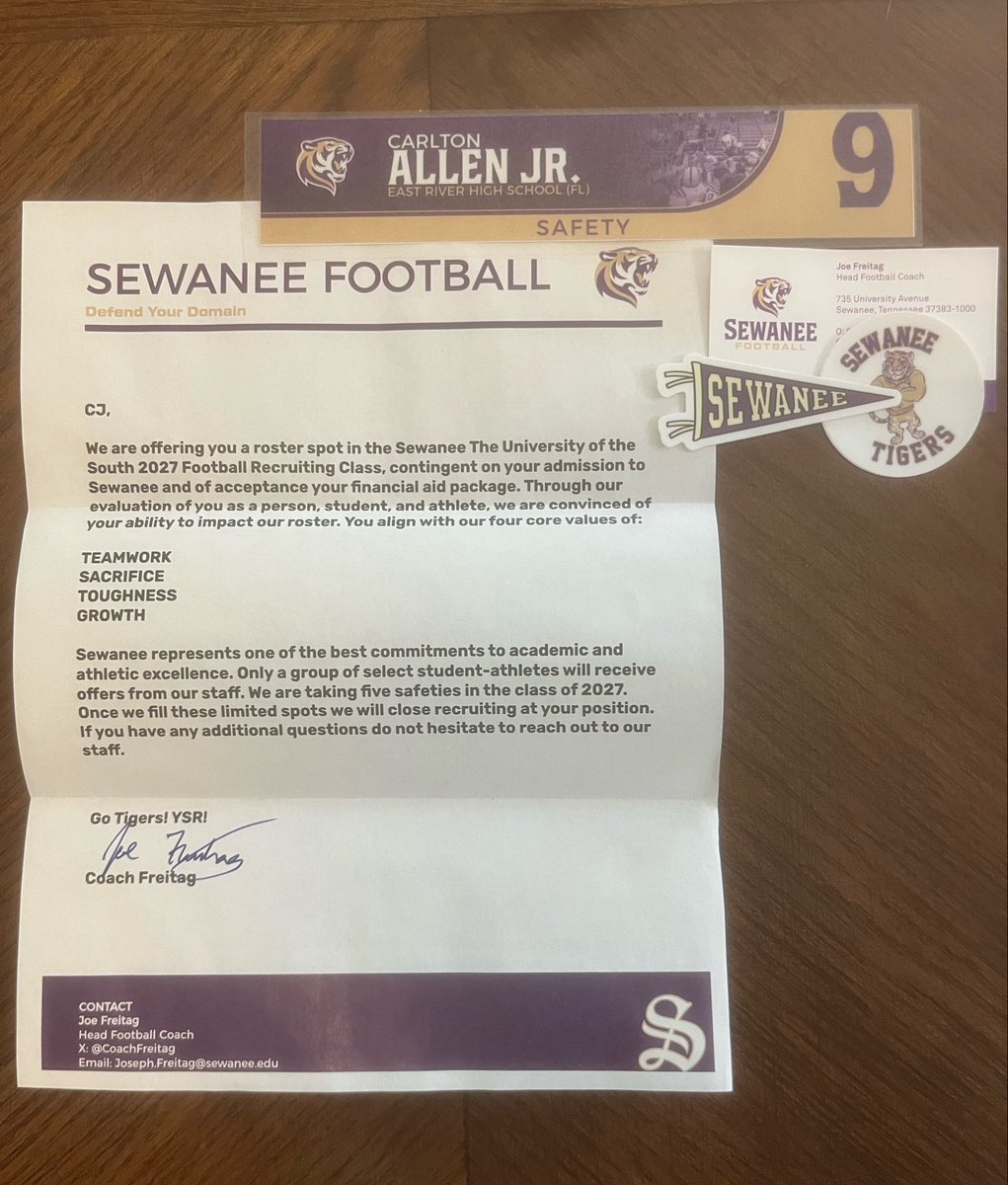 CjAllen_9's tweet photo. Blessed to receive offer From
@SewaneeFootball Thank you @CoachFreitag @aholloway53 @CoachN8Graham 
#agtg https://t.co/Qslfz3Qnqu