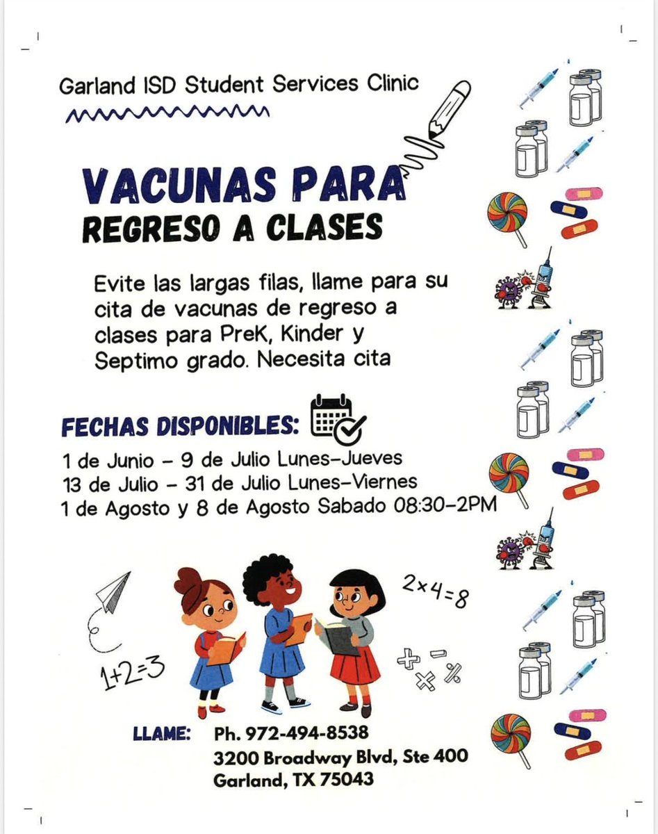 Toler_Texans's tweet photo. Make sure your students are up to date on their required immunizations before the first day of school! Call your child’s physician or make an appointment with the GISD student services clinic! https://t.co/sDm7QvXXXq
