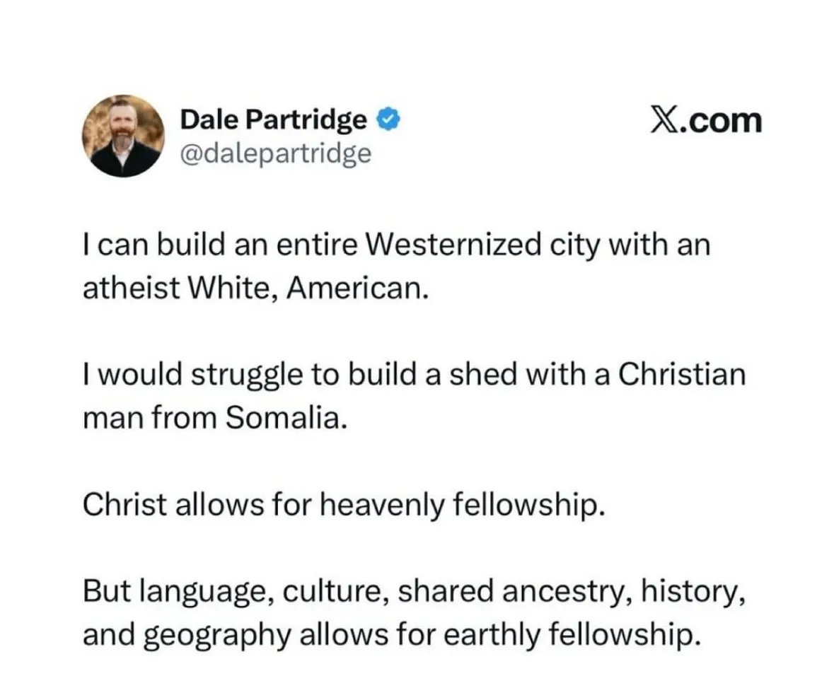WandersMusings's tweet photo. "The heart of @dalepartridge's  argument is those final lines, 'Christ allows for heavenly fellowship. But language, culture, shared ancestry, history, and geography allow for earthly fellowship'.... As with any teaching claiming biblical authority, we should be like the Bereans (Acts 17:11) and test it against the Scriptures to see if it is true."

Read the rest of my response on Substack, link in the bio and in the comments below.