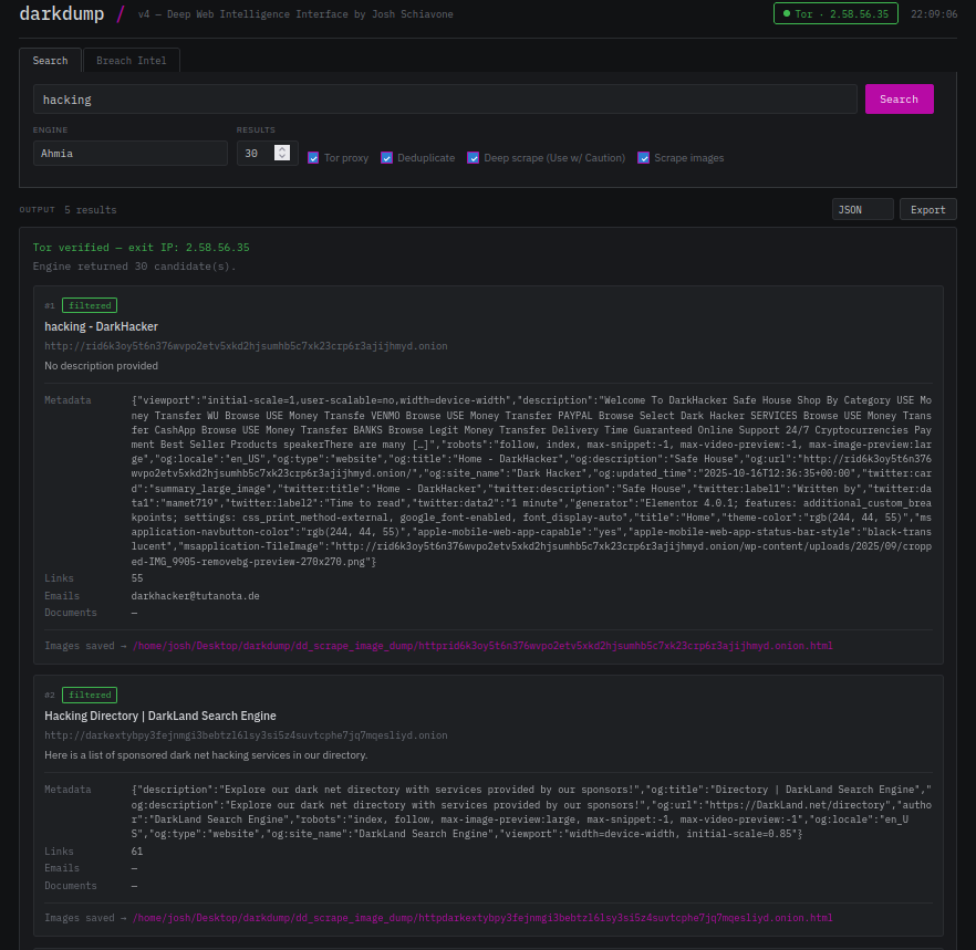DarkWebInformer's tweet photo. 💥 Darkdump: An open-source OSINT tool for deep web investigation.

GitHub: https://t.co/zsje43eirC

Given a search query it fetches results from multiple dark web search engines, optionally scrapes each result site for emails, metadata, keywords, documents, and images, and streams everything live to either the terminal or a local browser-based interface.