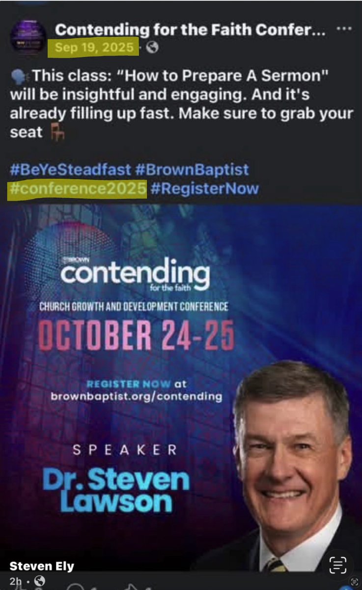 JustinPetersMin's tweet photo. I have taken down my post about Steve Lawson speaking at the Contending For The Faith Conference. @Protestia 's reporting of Steve being listed as a speaker being the result of "an internal misunderstanding that led them to assume he would agree" is still puzzling to me.

Steve was not merely listed as a speaker, but there was also a page dedicated to him and a detailed description of his sessions. The topic of "How To Prepare A Sermon" is exactly the kind of thing Steve would be expected to address - screenshot attached. This was all posted before Steve accepted their invitation?

This was(is) a real conference hosted by a real church advertised on a legitimate website that was open to the public for viewing and registration. The natural assumption is that Steve was a scheduled speaker. I did not find this on my own, it was sent to me by multiple people.

I have spoken at my share of conferences. Some small, some large, some in between over a period of 20+ years. I have never been listed as a speaker for any conference on any website before I gave my acceptance to speak. No one that I know has had this happen to him either. Is it possible this could happen? Sure. Likely? No.

Also attached is a screenshot of the same conference from last year, 2025. I've run this through two different AI engines to see if this is a legitimate post or if it bears any evidence of being either photoshopped or AI generated. Both came back saying that this is a real advertisement for a real conference. It bears the typical social media characteristics for the host church's social media posts - see attached.

I cannot find any videos from this conference featuring Lawson. But it certainly appears he was scheduled to preach at it. The post was made September 19, 2025, about the conference scheduled for October 24-25, 2025. So, are we to believe that the same church hosting the same conference made the same mistake about the same person 2 years in a row? Something is not adding up.

I did not make my post with any animus towards Steve at all. For any of you who have watched my videos on false teachers, I do not have any animus towards the likes of Benny Hinn and Kenneth Copeland. Though I hate what these men do, I do not hate them. I have made many, many direct personal please to them to come to a place of genuine faith and genuine repentance. If I harbor no ill will towards Hinn, Copeland, Duplantis, etc., why would I for Steve?

Though there was no reason to think this was not legitimate, and others did as well, I sincerely apologize for posting about this conference. The hosting church and conference organizers should explain how this happened - and especially the post from last year.

I have a high view of what true repentance looks like because the Bible does. Real repentance bears real, tangible fruit. I have and continue to pray for Steve.

There is much more that I know and could say about this situation in general (not related to the conference specifically), but I will leave it at that for now. As John MacArthur has famously and rightly said, time and truth go hand in hand.
