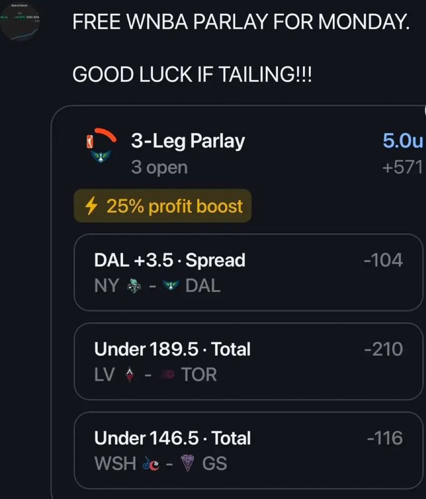 LadySyndicate1's tweet photo. FREE WNBA PARLAY FOR MONDAY**

🏀BASKETBALL🏀

Laying this down over on Novig for the bonus points....feel free to tail or fade!!!

Good luck tonight everyone!!
#WNBA #GamblingX https://t.co/28bfLfn4fa