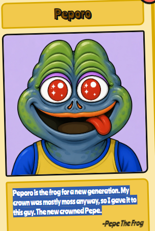 p0tpvper23's tweet photo. HOW HASNT THIS BEEN DONE - NEVER tokenized before

Matt Furie worked on a collection Named Hedz for ages 

Within the collection a frog named Peporo is highlighted with a message form pepe saying  "The new crowned Pepe" 

PEPE OF OUR TIME

Multi million runner easily 

https://t.co/l9HlaOU3sg
https://t.co/7lyfeDBWCB