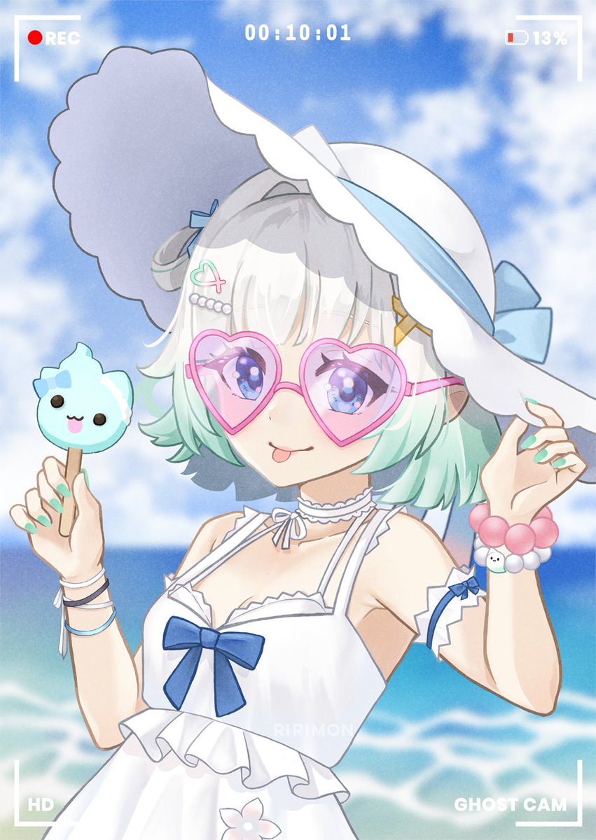 ririimon's tweet photo. paranormal activity... at the beach! 👻🏖️ the new outfit is so cute! #Fantography #UrameshiyaSummer