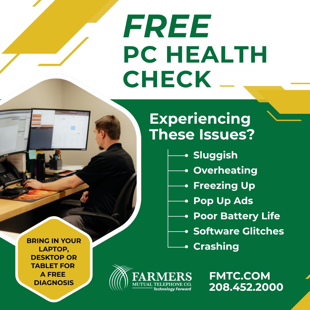 fmtc's tweet photo. FREE laptop, desktop, or tablet diagnostic, a $45 value! Call to schedule or bring your device to the FMTC business office, 319 SW 3rd St, Monday-Friday, 8am-5pm. #computerrepair #freediagnostic #pchealthcheck #fmtc #hereforyou https://t.co/NRHxogP95x