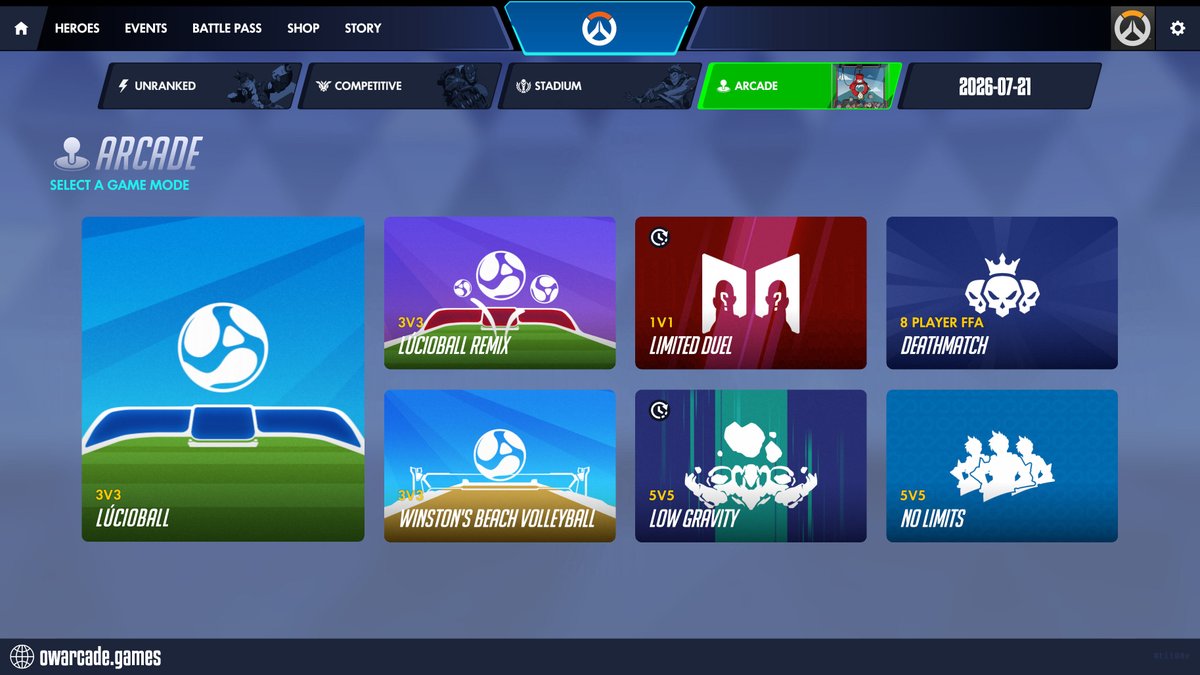 owarcadegames's tweet photo. Today in Overwatch Arcade - 2026-07-21

⭐ LÚCIOBALL
LÚCIOBALL REMIX / WINSTON'S BEACH VOLLEYBALL
LIMITED DUEL / LOW GRAVITY
DEATHMATCH / NO LIMITS

#overwatch #overwatcharcade https://t.co/hrUDSz9GUw