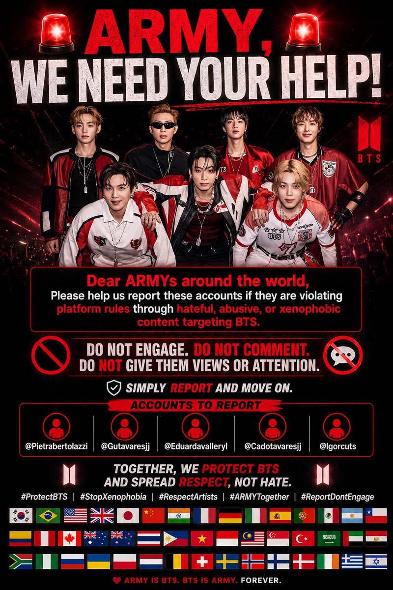 ema26354's tweet photo. ARMYs around the world, stand together. Report hate, don't engage. Let's protect BTS with respect and unity. 💜 
#ProtectBTSWorldwide 
#hybe https://t.co/IJeJGCqGSS