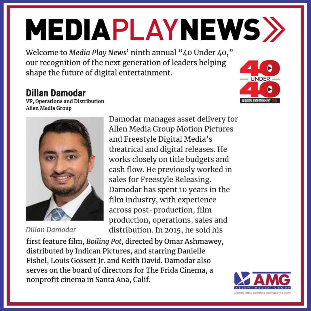 AllenMGroup's tweet photo. 🎉 Allen Media Group congratulates Dillan Damodar on being named to @MediaPlayNews’ 40 Under 40!

Dillan serves as VP of Operations &amp; Distribution for Allen Media Group Motion Pictures and Freestyle Digital Media.

Congratulations to all the honorees! https://t.co/U4FIue54cz https://t.co/RktcoJKEwG