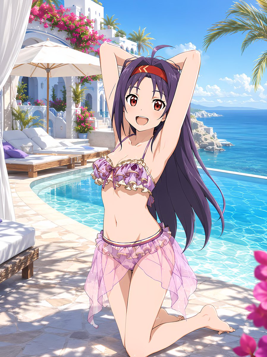 auras_dream's tweet photo. 【💜絶剣と過ごす、夏のひととき🌊】

『ソードアート・オンライン』より、
ユウキ（水着ver.）のファンアート3枚とフィギュア化アート1枚をまとめて投稿します✨

明るく元気な笑顔と、夏のリゾートをイメージしながら制作しました🏖️
最後のフィギュア化アートにもぜひ注目していただけたら嬉しいです😊

皆さんは今回の4枚の中で、一番お気に入りの1枚はどれですか？💜

SFW anime-style AI fanart. No nudity, No suggestive intent, Healthy for all ages,

#ソードアートオンライン #SAO
#ユウキ #紺野木綿季
#ファンアート #AIイラスト #水着ファンアート