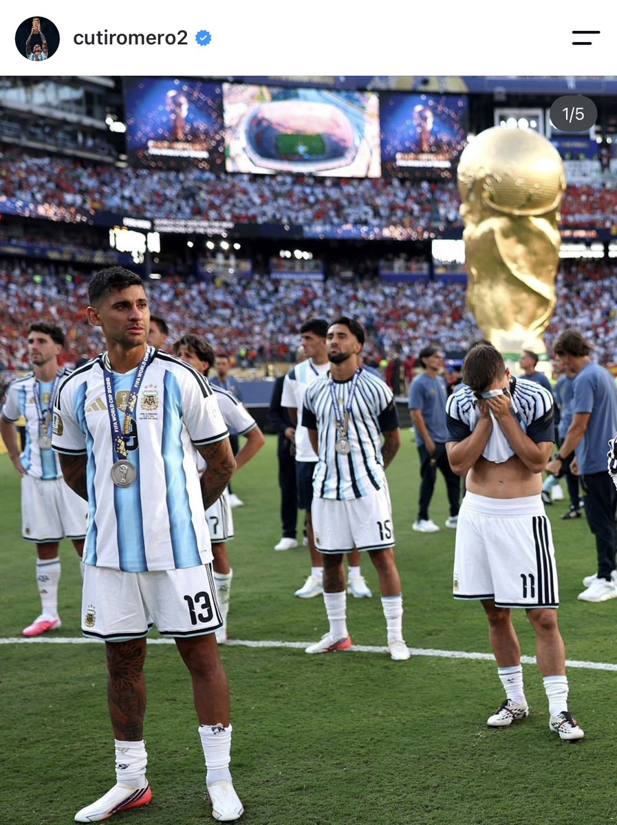 AlbicelesteTalk's tweet photo. 👏🚨❤️ Cristian Romero on IG:

“This time, it wasn’t meant to be.

"And believe me when I say it hurts. It hurts so much, because no one wanted to keep writing this beautiful story more than we did. We dreamed of bringing the trophy home once again, but it wasn’t to be.

"But if there’s one thing we’ll never lack, it’s commitment. We gave everything we had. We ended up as runners-up, but we never stopped representing Argentina with the pride and dedication this shirt deserves.

"How proud and fortunate I am to be part of this family. 

"I’m sorry we couldn’t give you the joy we so badly wanted to give you. We play for you, for every Argentine who supported us from every corner of the world. We feel that love every single day.

"Now it’s time to get back up. To start again. To work harder, believe even more, and prepare ourselves so this shirt can return to where we ourselves put it over these last few years: AT THE VERY TOP.

"Because finals aren’t handed to you, they’re earned by reaching them. And this group, and whoever comes after us, will keep fighting together, united, with the same hope we’ve always had.

"Thank you for being there. Thank you for believing.

"We’ll rise again.

"Because that’s what Argentina is. Always together. 🇦🇷💙”