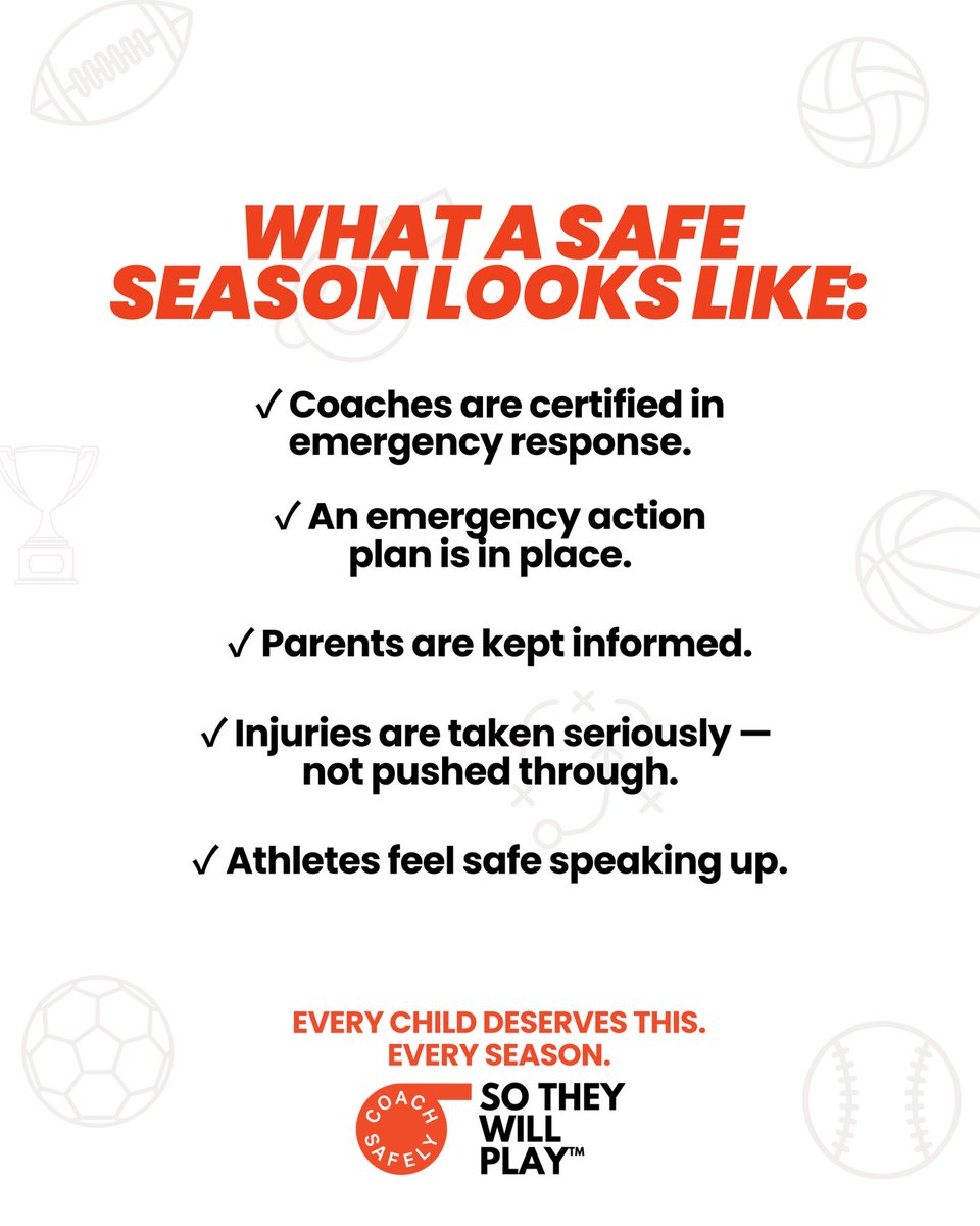 CoachSafely's tweet photo. A safe season means certified coaches, emergency plans, informed parents, and athletes who feel safe speaking up. 

This is the standard. 

https://t.co/9q3vtXn7id https://t.co/bSBqkj5K8E