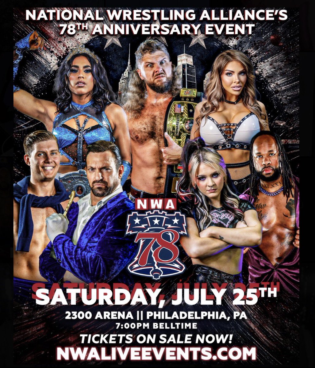 nwa's tweet photo. 𝙉𝙒𝘼 𝙒𝙊𝙍𝙇𝘿𝙎 𝙏𝙄𝙏𝙇𝙀 𝙈𝘼𝙄𝙉 𝙀𝙑𝙀𝙉𝙏

The NWA 78 Main Event is now official! NWA Worlds Heavyweight Champion @ThrillbillyTCB Silas Mason defends against @CarsonDrake00 THIS SATURDAY, July 25, at Philadelphia’s historic 2300 Arena. https://t.co/P2gxaJF66L

@RealKerryMorton’s refusal to face Mason on Saturday’s 𝙉𝙒A 𝙋𝙊𝙒𝙀𝙍𝙍𝙍 cleared the path for this massive championship match, now taking place at NWA’s anniversary spectacular. Led by @TheAronHaddad, Drake challenges Mason for the richest prize in the sport to cement his place as “The Most Successful Man in the NWA” and bring The Ten Pounds of Gold to The Federation of Champions.

PLUS:

⚡️ WWE Superstar @NatbyNature faces NWA World Women’s Tag Team Champions Pretty Empowered — sisters @KenziePaige_1 & @kyliealexxa — in a triple-threat. Only one woman can win this high-stakes, inter-promotional match!

⚡️No. 1 Contender’s Five-Way Match⚡️
@Jr_KRATOS, @PrettyBoySmooth, @HEATHXXII, @EFFYlives & @Jack_Talos collide for a shot at “The Ten Pounds of Gold.”

⚡️Former NWA World Women’s Champion “The Crush” @RealNMarkova tries to topple The Giant @GrettaWrestler, accompanied by TV-MA’s reigning NWA World Women’s Champion “La Princesa” @TiffanyNieves_ & Ms. Starr!

⚡️NWA World Tag Team Champions The Country Gentlemen @AjCazana & @CazanaKC with Col. @CazanaJoe defend against reunited former champions Blunt Force Trauma!

⚡️Knights of the Round Table Tables Match⚡️
King @TheRealTMurdoch I with The Royal Court goes head-to-head with NWA U.S. Tag Champs The SlimeBallz, Lockjaw Drake, and Buster, representing Aron Stevens’ Federation of Champions. 

⚡️”The Prince of Old School” @ColbyCorino and @RealKerryMorton renew their long-standing rivalry!

⚡️The @DaisyKillNWA and Eric Smalls feud reaches violent new heights in a Dog Collar Match!

Celebrate 78 years of the National Wrestling Alliance at NWA’s biggest Signature Live Event of the year! Bring the whole family for a night of hard-hitting pro wrestling action and unforgettable memories.

NWA 78 is July 25, live at Philadelphia’s @2300Arena. Get tickets now! https://t.co/P2gxaJF66L