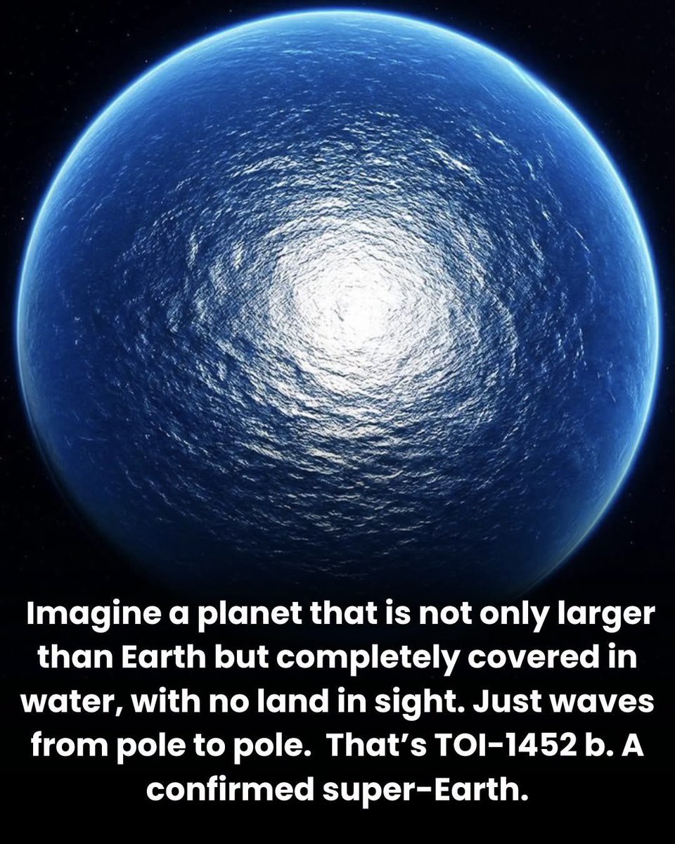 AstronomyVibes's tweet photo. Imagine standing on a boat and knowing there is no shore anywhere on the entire planet. Not over the horizon, not on the other side of the world. Just endless ocean, possibly hundreds of kilometers deep. That may be what TOI-1452 b is.

The planet sits about 100 light-years away in the constellation Draco, orbiting one star of a binary pair of small red dwarfs so close together that early telescopes saw them as a single point of light. It is a super-Earth, meaning it is bigger and heavier than our planet but still likely rocky, roughly 1.6 times Earth's size and about 5 times its mass.

Here is what makes scientists suspect it is an ocean world. When you measure a planet's size and its mass, you can calculate its density, which tells you what it is likely made of. A rocky planet like Earth is dense. A gas planet is light and fluffy. TOI-1452 b came out in between, too light to be pure rock, too heavy to be gas. The best explanation is water. A lot of it.

On Earth, water makes up less than one percent of our planet's mass. Models suggest water could make up as much as 30 percent of TOI-1452 b. If that is true, it would be a global ocean of staggering depth, with no continents, no islands, nothing but water wrapping the entire world.

Now the honest part. We have not seen this ocean. This is inferred from density, not observed directly. The planet could also be a rocky world with a thick atmosphere instead. And it sits in its star's habitable zone, but a red dwarf's habitable zone is a complicated place, with flares and tidal locking to worry about.

Still, it is one of the best ocean world candidates ever found, and crucially, it is close enough and positioned well enough that the James Webb telescope could study its atmosphere and finally tell us what it truly is.

A planet that might be one single, endless sea. Life on Earth began in water. If a world is nothing but ocean, does that make it more likely to hold life, or would having no land hold it back?