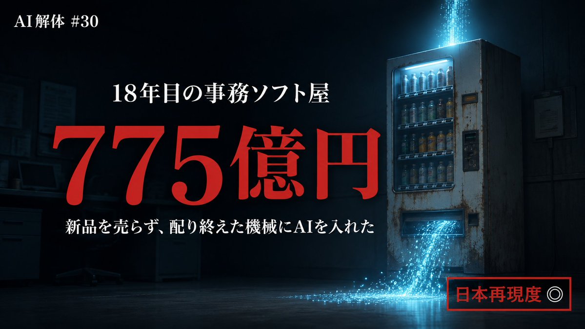 ai_kaitai's tweet photo. いまアメリカで最も勢いのあるAI企業の一つは、18年前から弁護士の請求書をつくってきた地味な事務ソフト屋です。

Clioという会社で、日本での再現度は◎だと思います。売っているのはAIではなく「弁護士の時間の記録と請求」。AIはそこに後から注ぎ込まれただけです。

数字から言うと、年間換算売上は約775億円。AIを本格的に組み込む前の約310億円（2024年中頃）から2年足らずで2.5倍になりました。直近も約670億円（2025年末）→775億円（今年5月）と、半年足らずで100億円以上を積み増す加速ぶりです。

やったことは単純です。18年かけて法律事務所に自社ソフトを行き渡らせ、顧客管理も案件記録も請求もそこに載っている。そこにAIを差し込めば、書類の下書きも時間集計も自動になる。弁護士は新しい道具を買ったのではなく、毎日使う道具が勝手に賢くなった、という順番です。

例えるなら、全国に18年かけて自販機を置いてきた会社が、その自販機に新商品を入れただけ。棚を新しく取りに行く競争をしていません。

日本でこの型を踏めるのは、AIスタートアップではなく、既に顧客と業務データを握っている業務ソフト会社だと思います。会計事務所・調剤・建設見積・レセプト——「その業界の請求書」を握る古いソフトほど有利で、壁はAIの技術ではなく、18年分の顧客基盤の方にあります。

AIの利益は、AIを発明した会社ではなく、AIを流し込む先の業務を先に握っていた会社に落ちる。地味な土管ほど強いのだと思います。

#AI解体