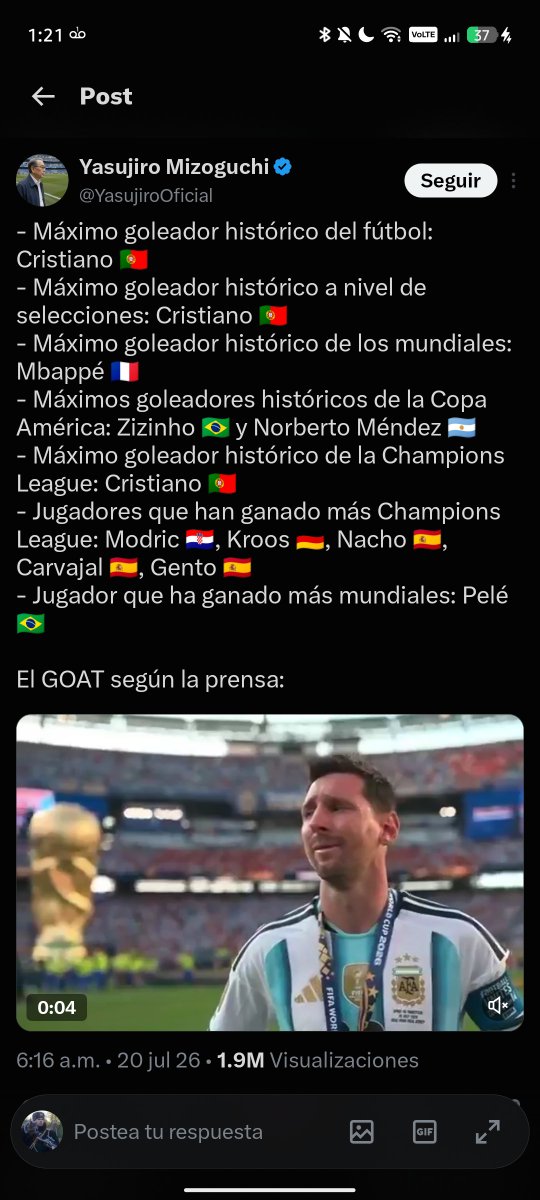 Mistec420's tweet photo. @frabigol Si claro, muchos ganaron un mundial y su nombre quedó en el olvido.... Bien lo dijo hasta Maradona uno de sus ídolos argentinos, que Messi no está por encima de Cristiano y que un mundial no determina nada https://t.co/cELYiIuegu