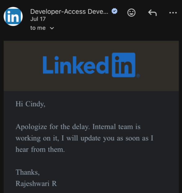 JoeC7007's tweet photo. Big Tech is racing to automate the world with AI.

Meanwhile, LinkedIn Ads API review: "Up to 14 business days."

Submitted on June 15.

June 25: "Checking internally."
July 17: "Internal team is working on it."

32 days. Followed up repeatedly. No decision.

This is why startups win.