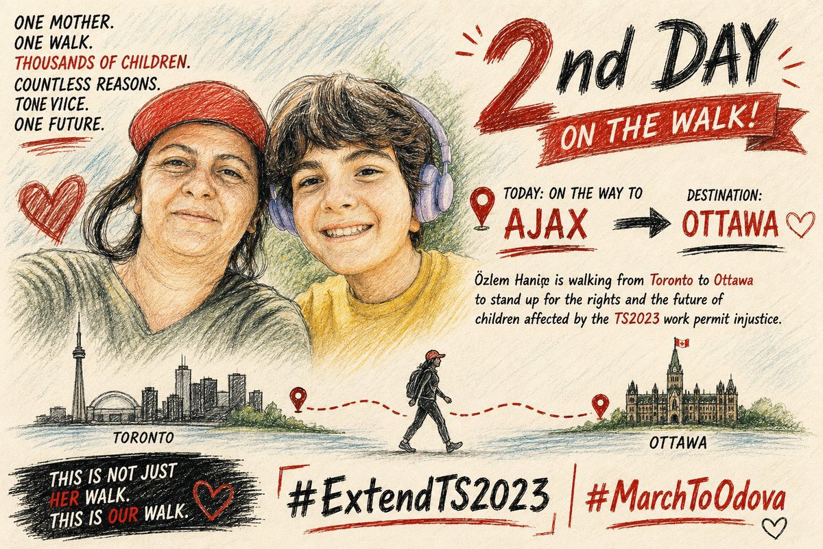 ilkeuygun's tweet photo. 🇨🇦 Canada became our home. We worked, paid taxes, contributed to our communities, and built our futures here. With TS2023 permits expiring, we respectfully ask for more time. Özlem is walking peacefully from Toronto to Ottawa so our voices are heard.
#ExtendTS2023 #MarchToOttawa https://t.co/ZTNiQ4JWyZ