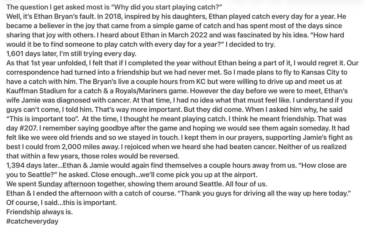 jscukanec's tweet photo. The question I get asked most is, “Why did you start playing catch?”
Well, it’s Ethan Bryan’s fault.
It was his idea to try and play catch everyday. I just copied it.
The friendship happened in between throws.
1,394 days apart.
#catcheveryday https://t.co/pDfcqYg4r9
